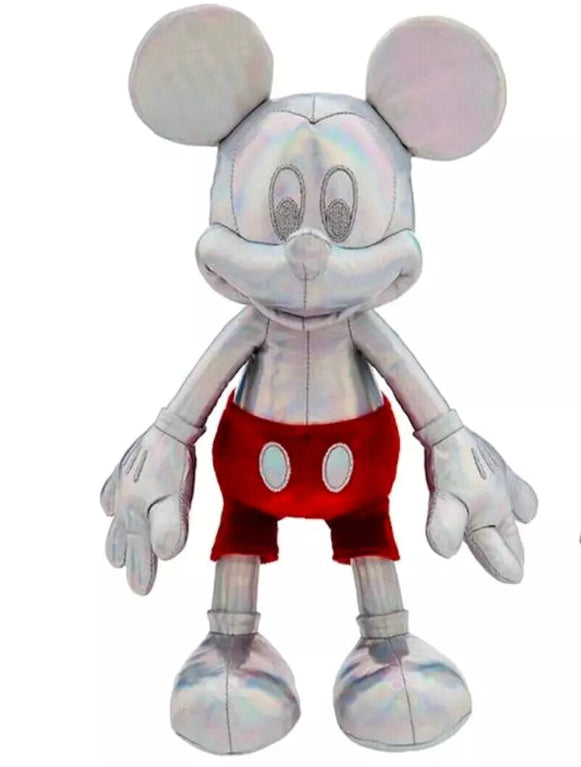 Disney Parks 2023 100th Anniversary Mickey Mouse Silver Chrome Color Plush