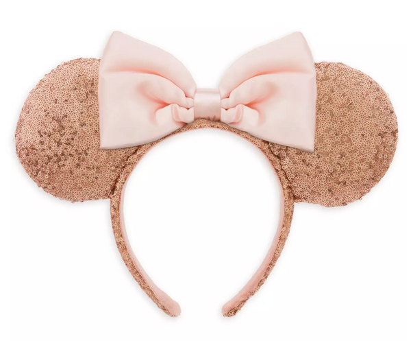 Disney Parks - Minnie Mouse Ears Headband- Sequined Rose Gold with Pink Satin Bow